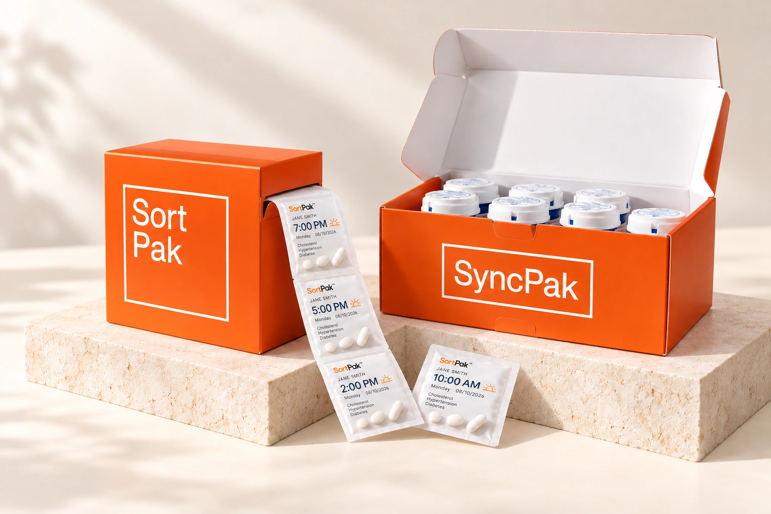 SortPak dispenser and SyncPak box displayed together on pale stone platforms