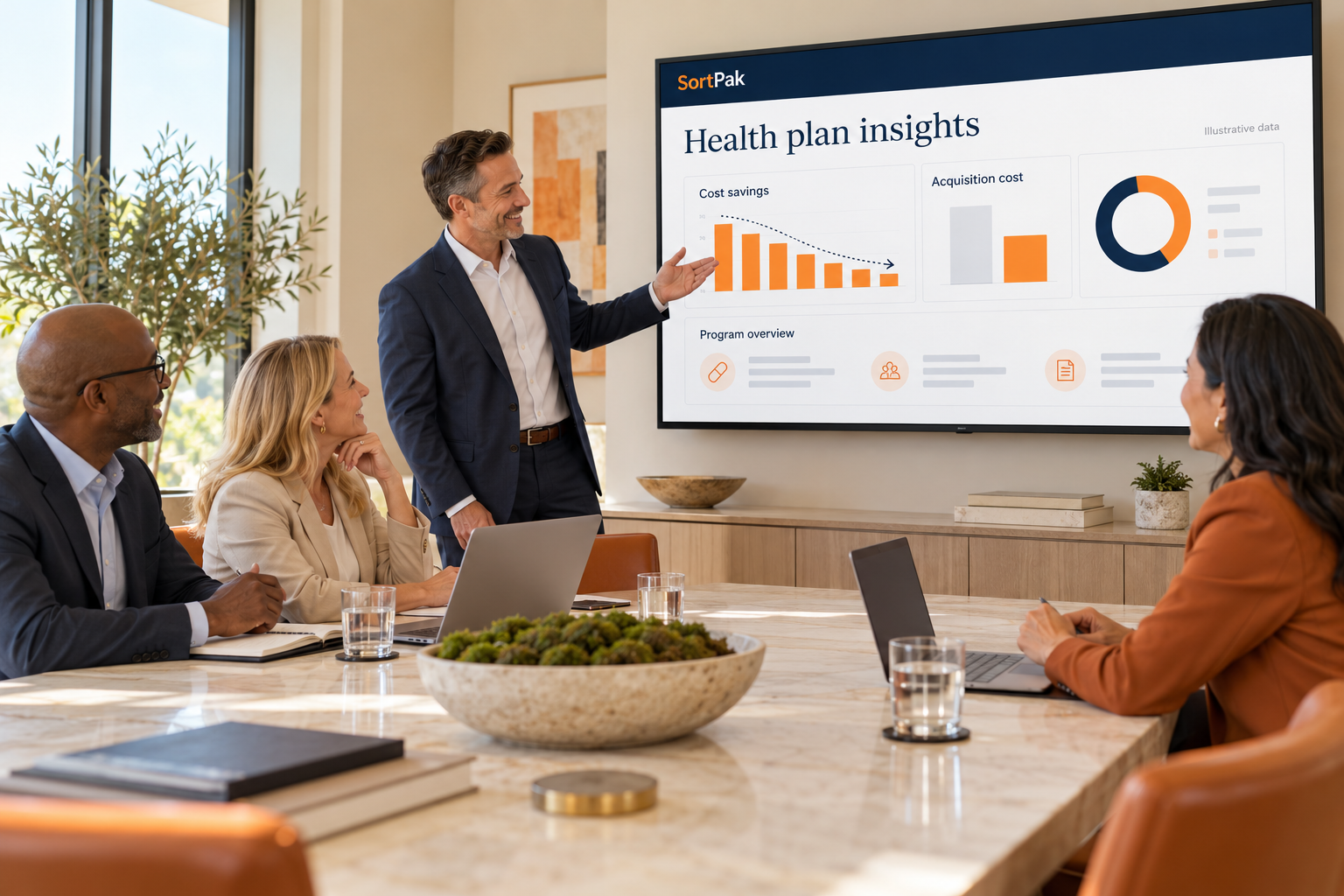 Health-plan representatives reviewing an illustrative reporting dashboard