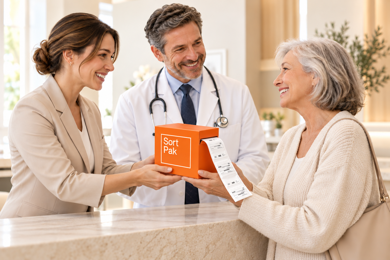 A happy patient receives a SortPak medication pouch dispenser from SortPak staff alongside her doctor